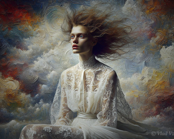 Portrait of a woman with flowing hair and lace gown