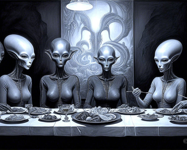 Humanoid aliens dining together in a dimly lit setting