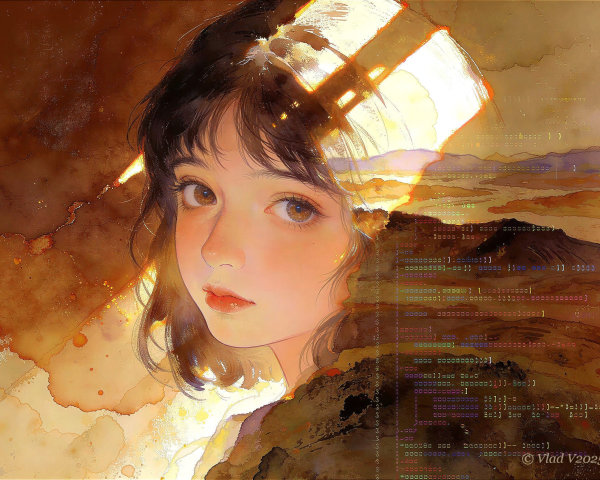 Detailed Watercolor of Dreamy Girl with Golden Eyes