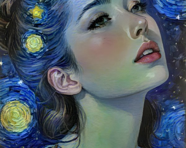 Dreamy Portrait of a Woman Against a Starry Sky