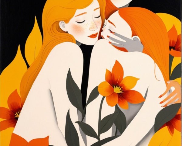 Three Women with Orange Hair Among Vibrant Flowers