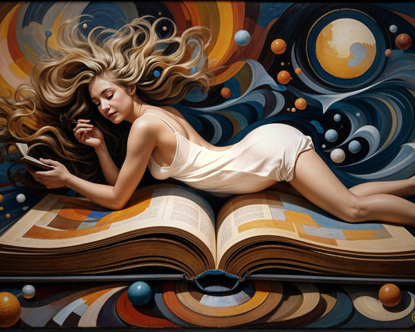 Woman on Open Book with Vibrant Celestial Background