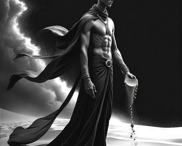 Monochrome Artwork of Muscular Figure in Desert Setting