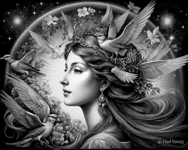 Serene Woman in Profile with Celestial Backdrop