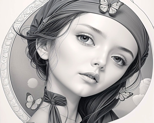 Monochromatic Portrait of a Young Girl with Butterflies