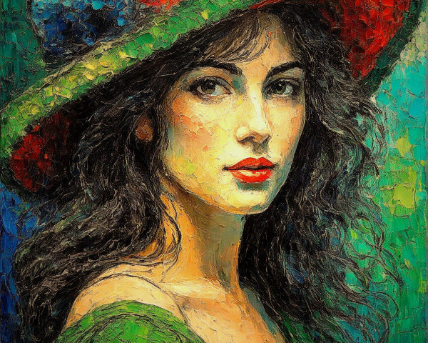 Textured Impasto Portrait of a Woman in a Hat