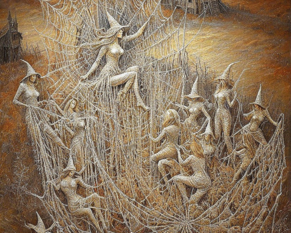 Surreal Artwork of a Woman on a Web with Witch Figures