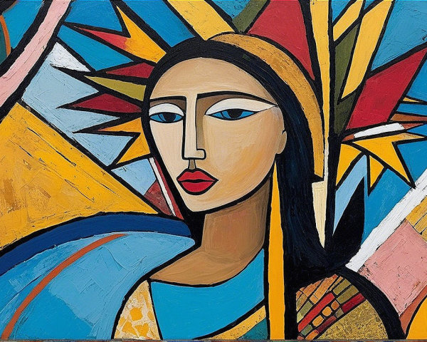 Stylized Female Figure with Geometric Shapes and Colors