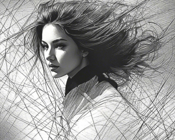 Monochromatic Portrait of a Woman with Flowing Hair