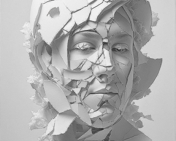 Fragmented Female Face Sculpture in Light-Colored Materials
