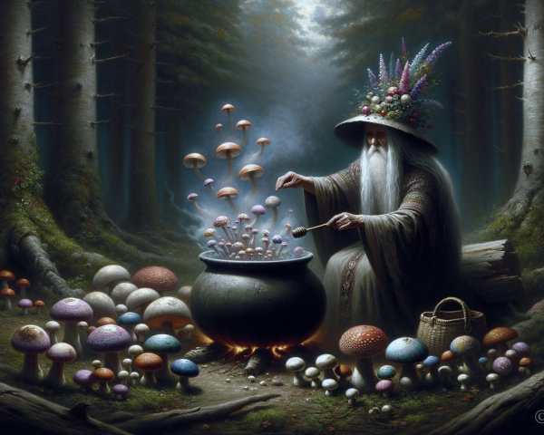 Ancient Wizard Brewing Potion in Enchanted Forest