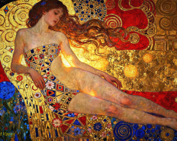 Mythical Woman in Gold and Crimson Tapestry Painting