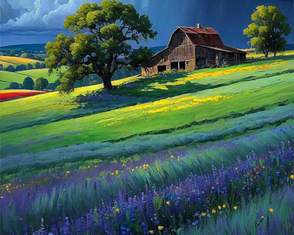 Rustic Barn in Scenic Landscape with Stormy Sky