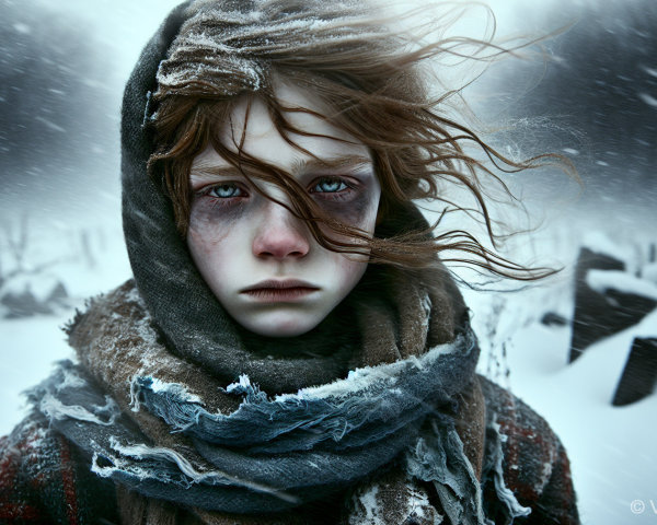 Child in snowy landscape with tattered clothing and scarf