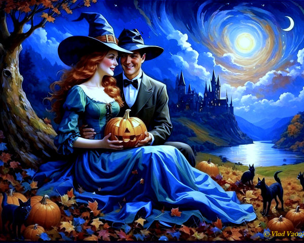 Couple in Vintage Attire Among Autumn Leaves and Pumpkins