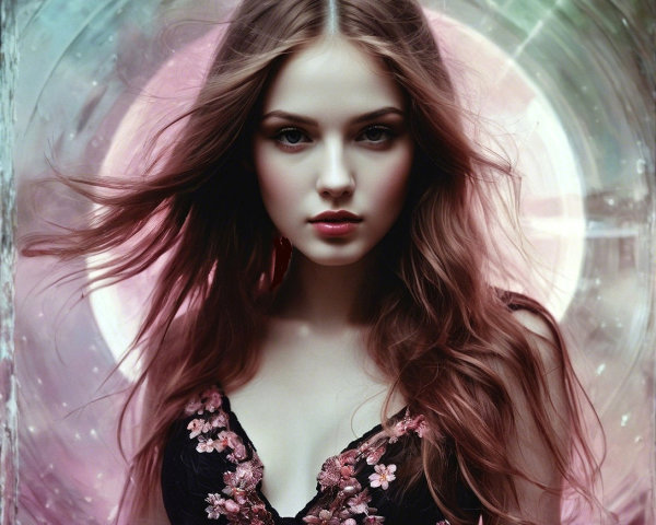 Young woman in delicate dress against ethereal background
