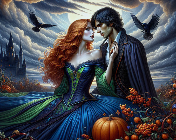 Couple in Mystical Landscape with Dark Clouds and Crows