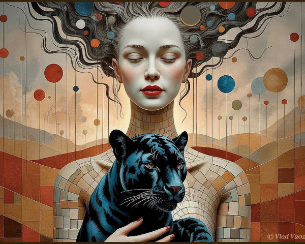 Surreal Portrait of Woman with Black Panther and Orbs