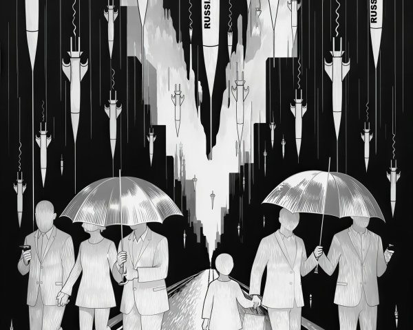 Black and white street scene with falling rockets