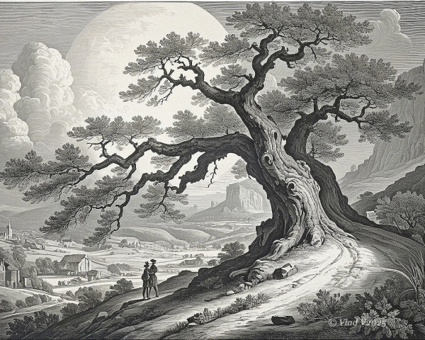 Gnarled tree with figures under moonlit landscape