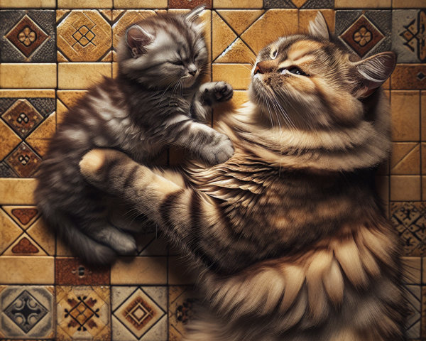 Fluffy Adult Cat and Kitten Play on Tiled Floor