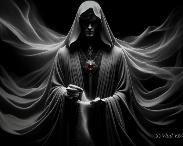 Cloaked figure in dark robes with a red gem necklace