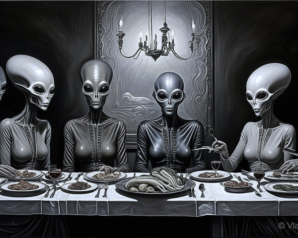 Extraterrestrial Beings Dining at a Lavish Table