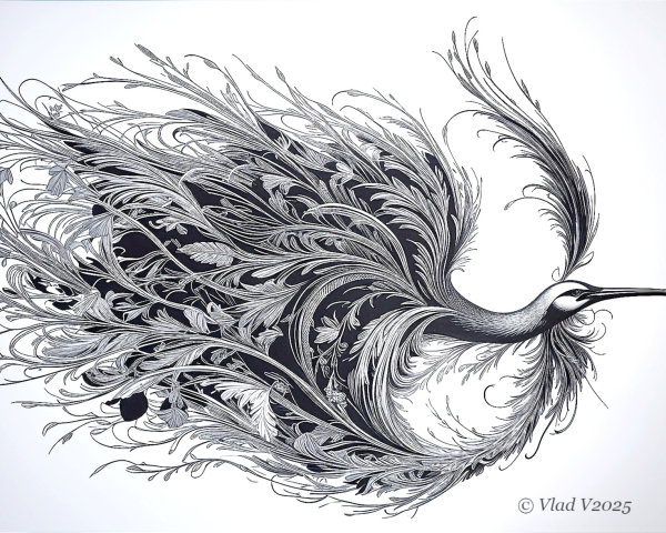 Intricate Heron Design with Foliage and Lines