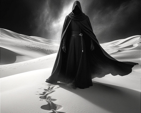 Cloaked Figure in Desert Landscape with Starry Sky