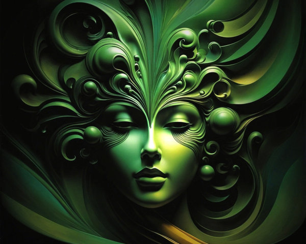 Stylized Face Artwork with Intricate Green Patterns