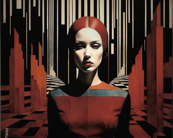 Portrait of a Woman in Geometric Red and Black Setting