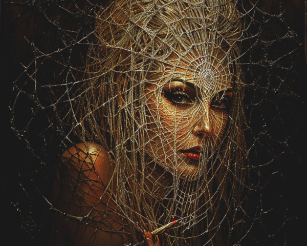 Figure Enveloped in Intricate Spiderweb Artistry