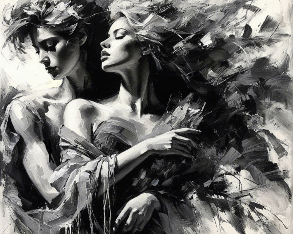 Intertwined Female Figures in Black and White Art