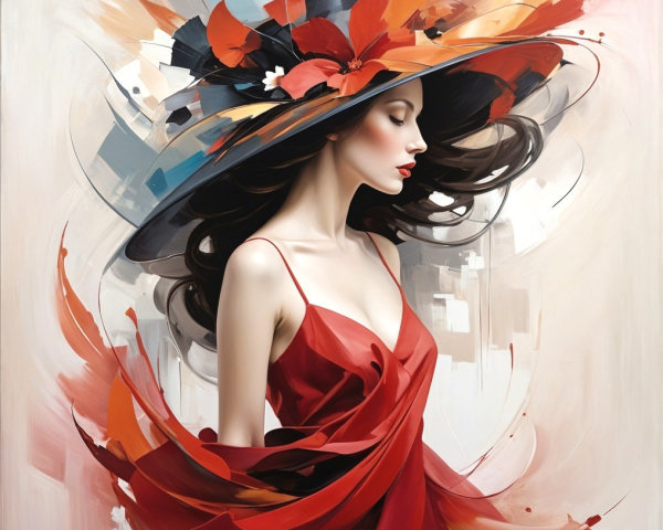 Portrait of a Woman in Red Dress with Artistic Hat