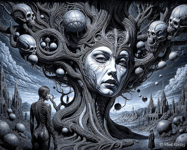 Surreal Landscape with Tree, Skulls, and Human Face