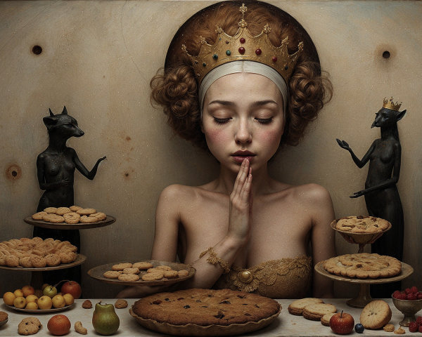 Serene Woman with Crown Surrounded by Baked Goods