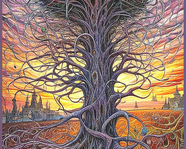 Intricate Tree with Colorful Canopy at Sunset