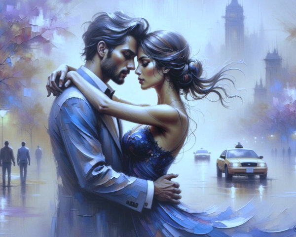 Romantic Urban Scene with Couple in Soft Lighting