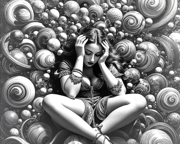 Woman in Contemplative Pose with Abstract Background