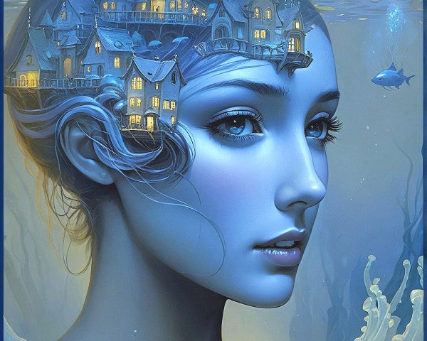 Underwater Scene with Woman and Whimsical Houses