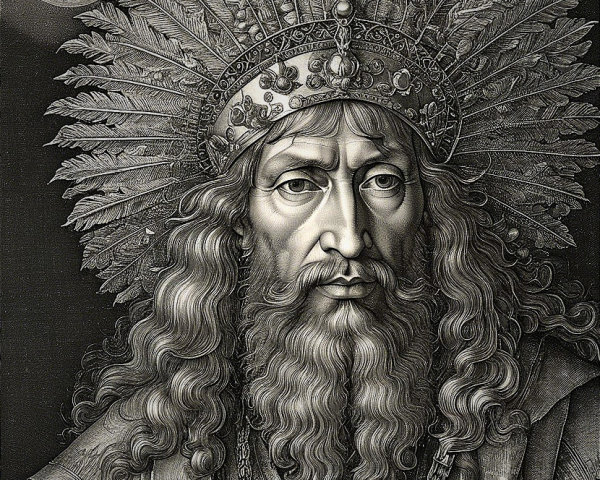 Majestic figure with feather crown and celestial orb