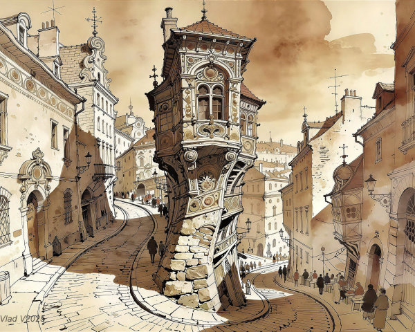 Watercolor and ink sketch of a Prague street scene