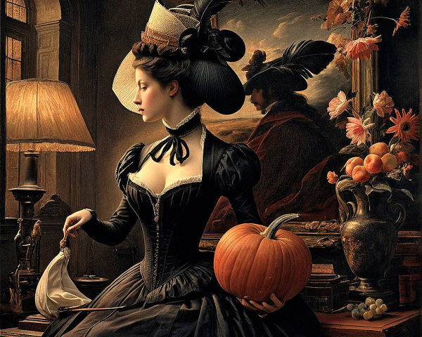 Elegant Woman in Black Gown in Lavish Room Setting