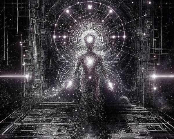 Ethereal Human Figure in Futuristic Cybernetic Landscape