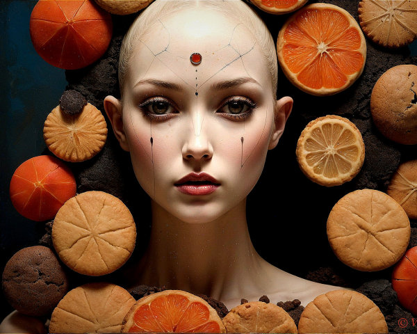Portrait of a model with shaved head and baked goods