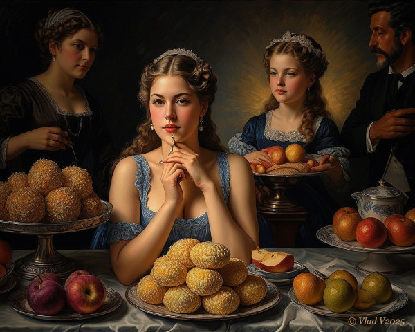 Lavish Still-Life Scene with Fruits, Pastries, and Figures