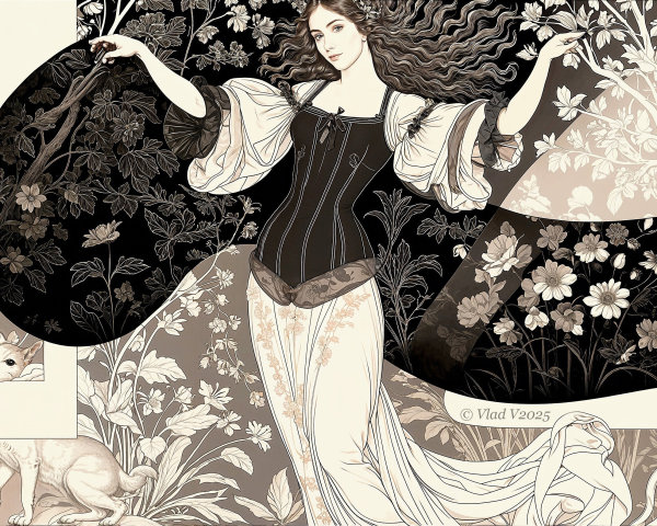 Neo-Victorian Illustration of Woman in Corset and Skirt