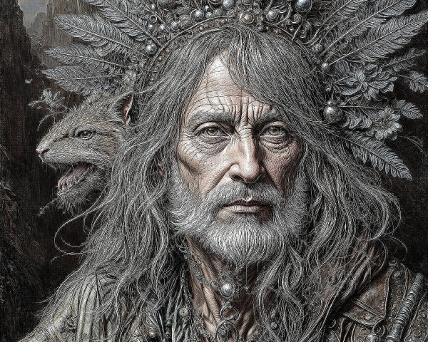 Elder with Fern Headdress and Shadowy Creature