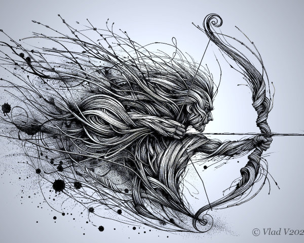 Intricate Black and White Archer Illustration with Motion