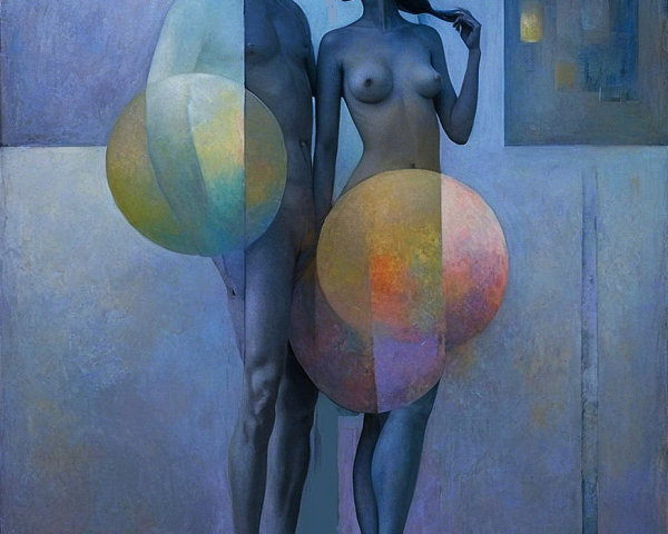 Nude Couple Surrounded by Colorful Abstract Spheres